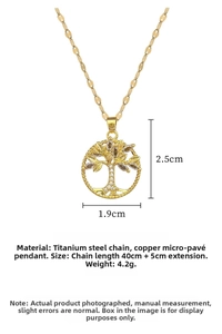 Detail view of Tree of Life necklace with titanium steel chain and crystal pendant specs