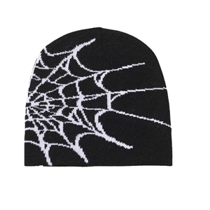 Black knit beanie featuring a white spider web jacquard pattern in street style