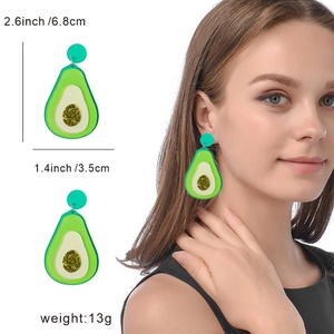 Detail view of avocado acrylic earrings showing dimensions 6.8cm length and model fit