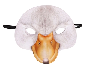 Detailed view of swan mask with white feather texture and orange beak for Halloween