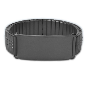 Men's black stainless steel stretch watch band bracelet with rectangular blank ID tag