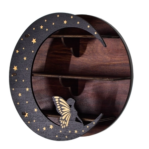 Detail of circular wooden shelf with butterfly fairy silhouette and crescent moon cutout