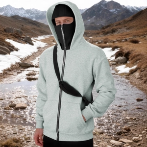 Men's light grey thermal double-layer zip hoodie with face mask design for winter outdoor