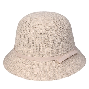 Chic beige knitted bucket sun hat with delicate bow detail for summer outdoor vacations