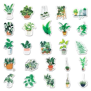 Detailed grid of green potted plant stickers with clear white die-cut edges for decor