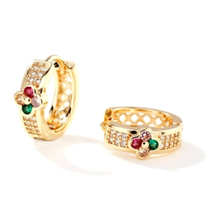 Exquisite gold floral hoop earrings with colorful gemstones and pavé zirconia stones