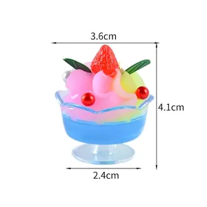 Mini artificial fruit sundae cup charm with strawberry topping and dimension details