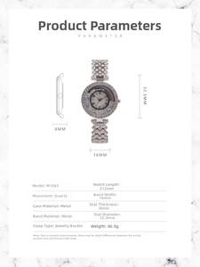 Detailed chart showing quartz watch specifications including 32.5mm dial and 16mm band width