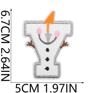 Detail showing letter Y snowman embroidery patch with dimensions 6.7cm by 5cm