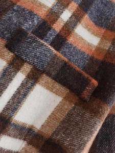 Close-up of the texture and pocket detail on a plaid wool blazer jacket