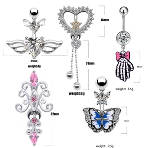 Detailed size chart for assorted heart and wing navel rings with cubic zirconia