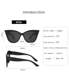 Size chart showing 51mm lens height and 148mm frame width for cat eye sunglasses