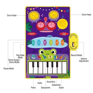 Kids musical play mat featuring drum set and piano keys with multiple instrument modes