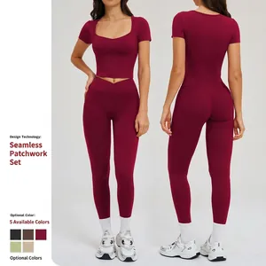 Damen Yoga Fitness Kurzarm Crop Top Und Leggings Mit Hoher Taille Und Seitentaschen V-Taille Nylon Spandex Sportbekleidung