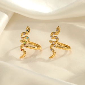 Snake Ring Stainless Steel Gold Plated With Colorful Zircon Adjustable Open Design Fashion Jewelry For Women