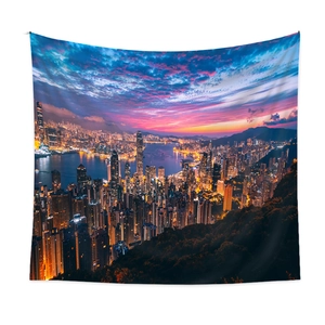 Bohemian tapestry featuring sunset Hong Kong city skyline for home wall decoration
