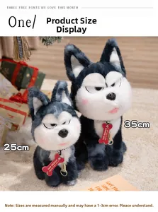 Two plush husky dog toys in grey and white with red bone tags in a cozy setting