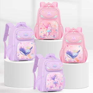Dreamy mermaid school bags for girls, pink and purple ergonomic backpacks on pedestals