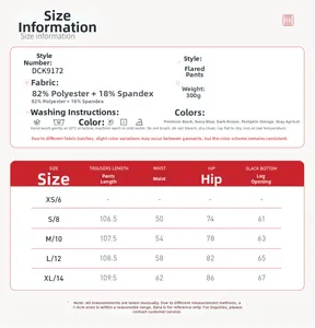 Guide des tailles pour pantalon de yoga évasé incluant détails du tissu et mesures
