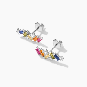 Macro shot of S925 sterling silver earrings with multi-color rectangular gemstones