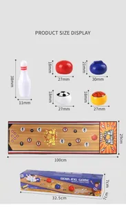 Detailed size chart showing dimensions for children indoor soccer and bowling game mat set