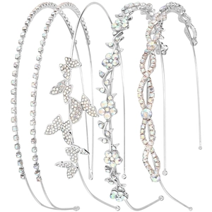 Detailed view of 4-piece silver metal headbands with shimmering rhinestones and butterflies