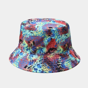 Detail of colorful graffiti leopard print sun hat with reinforced brim stitching