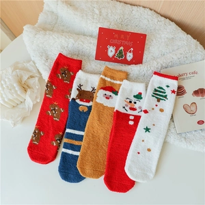 Chaussettes De Noël Polaire Corail Épaisses Chaudes Hiver Mi-Mollet Pour Femmes Dessin Animé Père Noël Renne