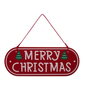 Oval red Merry Christmas wooden sign with green trees and hanging rope for tree decor
