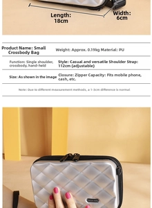 Macro shot of silver quilted PC hardshell mini bag with details on size and 112cm strap