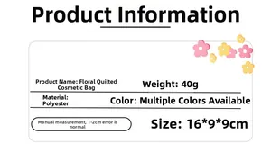 Detailed size and material specification chart for the floral quilted makeup pouch bag