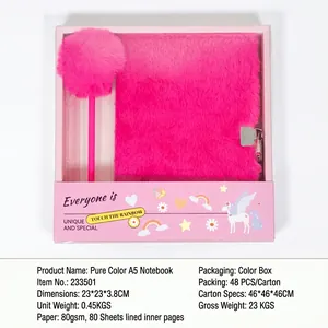 Pink A5 plush notebook set with pom-pom pen in a unicorn decorated gift window box