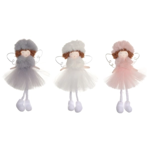 Three plush Christmas angel doll pendants with gauze skirts in grey, white, and pink colors