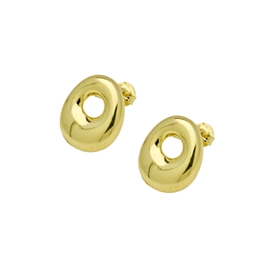 Close-up of polished gold balloon bubble letter hoop earrings with hollow oval design