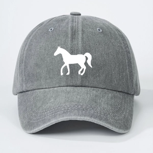 Grey washed denim baseball cap featuring a white horse silhouette print for sun protection