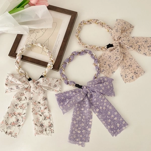 Floral ribbon headband with pearls and metal chains in three elegant styles