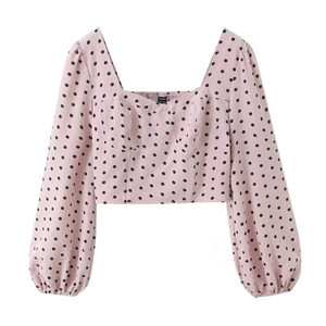 Blouse En Polyester À Pois Col Carré Manches Bouffantes Smock Vintage Rose Haut À Manches Longues Femmes