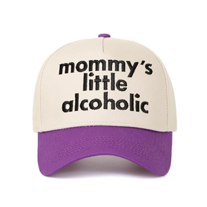 Detailed front view of two-tone baseball cap featuring mommy's little alcoholic embroidery