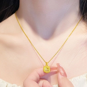Square yellow crystal necklace with milgrain detail on gold O-chain for women