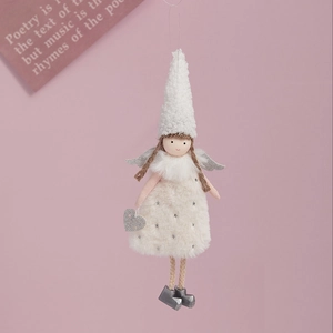 Cute Christmas angel plush doll pendant with white hat and silver wings on pink background