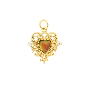 Macro shot of 18K gold plated heart pendant featuring a multi-color gradient crystal gem