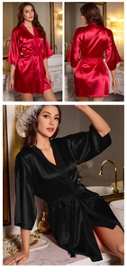 Detail of red and black satin robes showing silky texture and elegant kimono collars