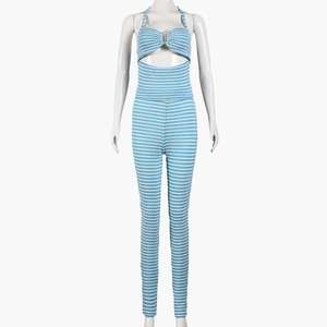Detail of blue and white striped knit fabric with halter neck and hollow out design