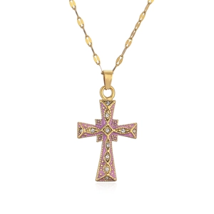 Retro 18K gold plated cross necklace with purple enamel and sparkling white zircon stones
