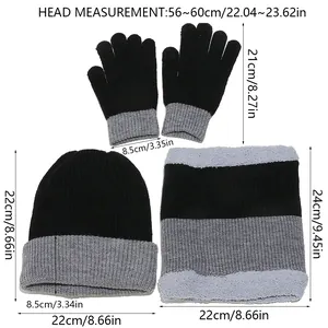 Detailed size guide for 3-piece knitted winter hat, neck warmer, and gloves set