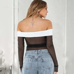 Detailed back view of a sheer contrast mesh top with white off-the-shoulder neckline
