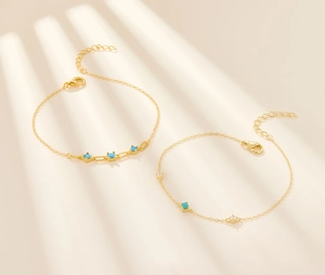Detailed view of 925 silver gold-plated turquoise and zircon layered bracelet set