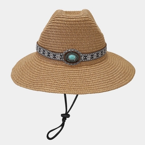 Classic straw cowboy sun hat with ethnic turquoise band and adjustable chin strap