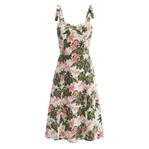 Robe Midi Fleurie Femmes Polyester Bretelles Nœud Décolleté Cœur Vacances Tropicales Style Français Évasée