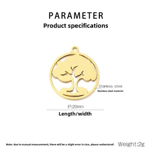 Detail showing 20mm golden stainless steel tree of life pendant with cutout design